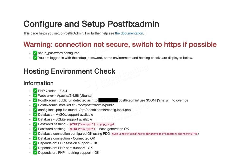 Email Server on Ubuntu 24.04 postfixadmin hosting environment check