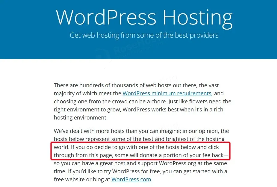 WordPress recommends paid hosting providers