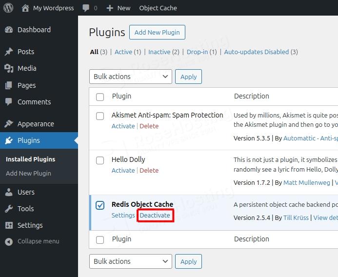 Deactivate Redis Object Cache plugin