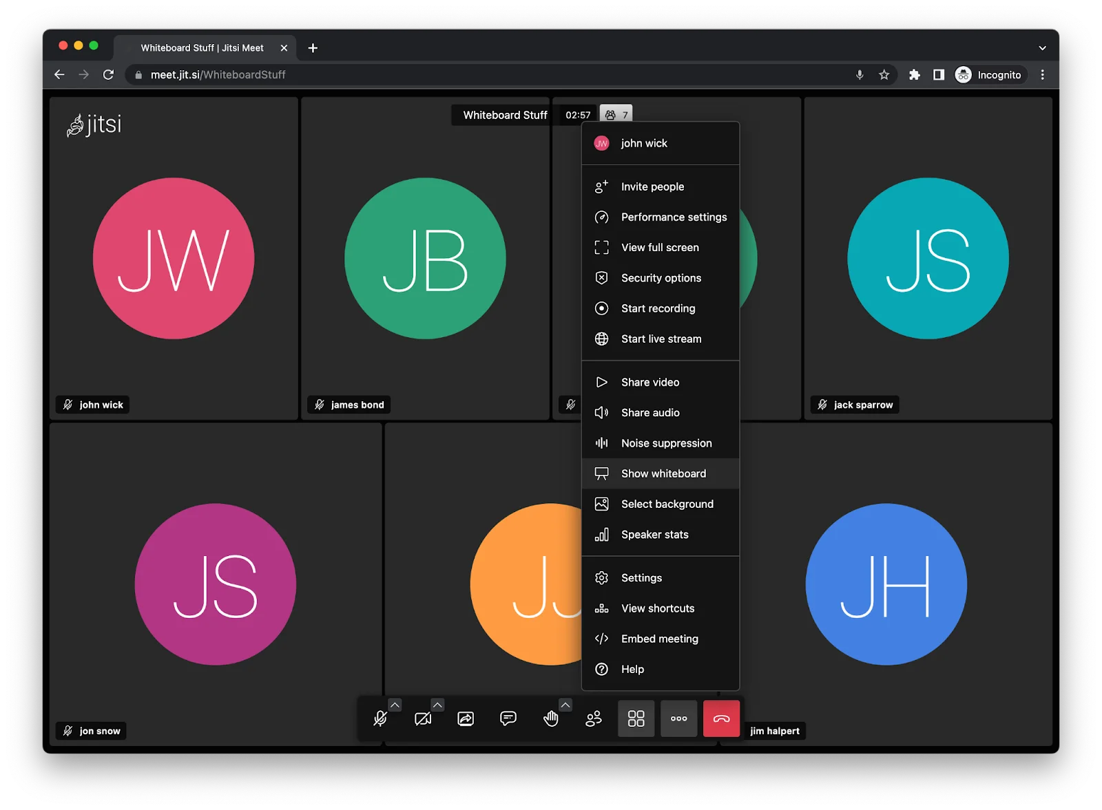 Jitsi hosting a meet room with initials for added privacy